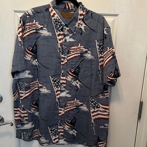 Men's 100% Cotton Button-Down Shirt - American Flag & Marlin Print Size XL
